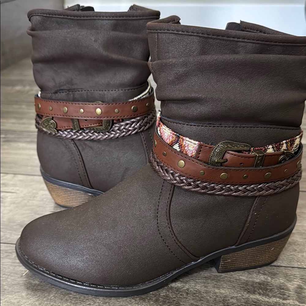 Roper Brown Ankle Boots with Braided Strap